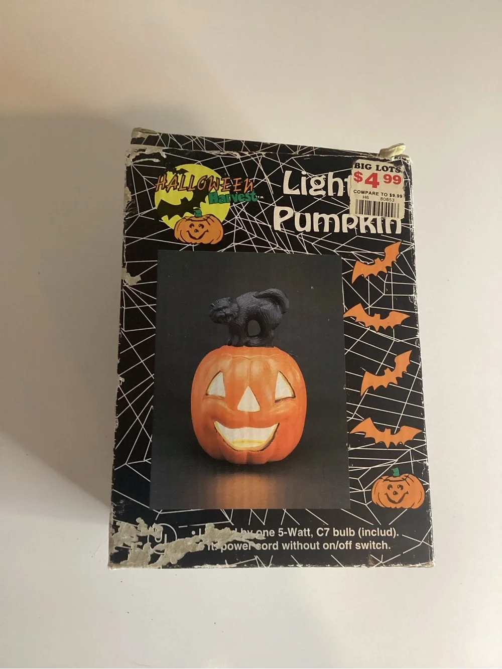 Vintage Black Cat Ceramic Halloween Light-Up Pumpkin Jack-O'-Lantern W/ Box